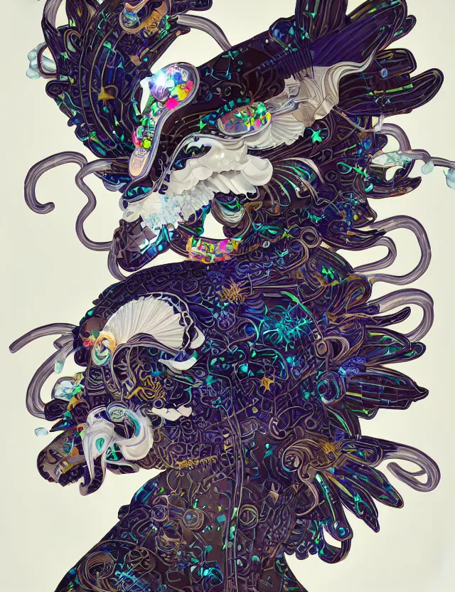 Image similar to 3 d goddess close - up profile solarpunk portrait ram skull. beautiful intricately detailed japanese crow kitsune mask and clasical japanese kimono. betta fish, jellyfish phoenix, bio luminescent, plasma, ice, water, wind, creature, artwork by tooth wu and wlop and beeple and greg rutkowski