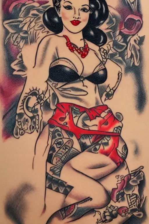 Image similar to traditional American tattoo of a pinup doll