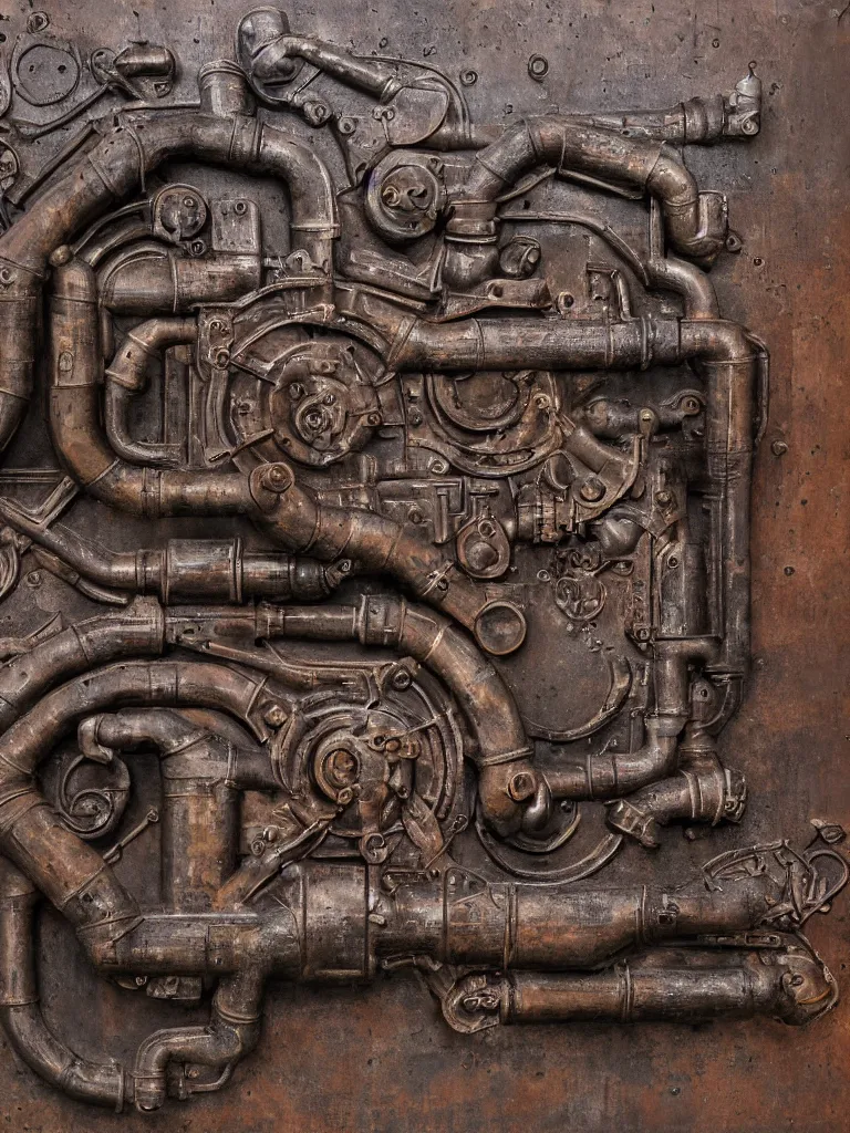 Prompt: relief sculpture carving in rusted steel of machine guns, industrial pipes, valves, steam, dramatic lighting, hyperrealistic, ultrarealistic, intricate details, 4k