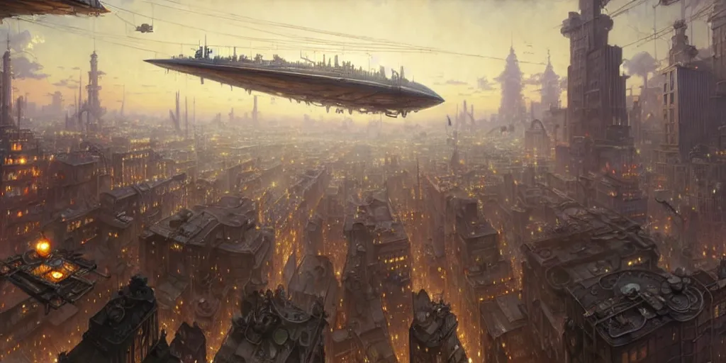 Image similar to steampunk airship above a busy city, exquisite details, denoised, mid view, by norman rockwell, karl kopinski, artsation, greg rutkowski, makoto shinkai, takashi takeuchi, studio ghibli