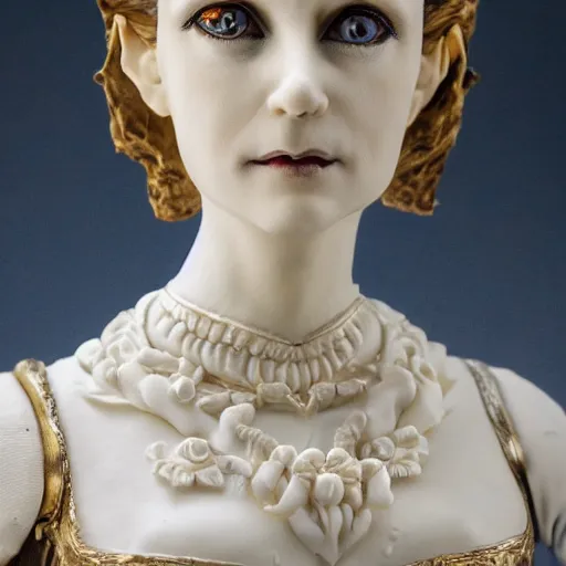 Prompt: photo taken of an epic intricate, ultra detailed, super realistic bust of a majestic gracious regal beautiful aristocratic victorian female vampire stop motion puppet created by weta workshop, menacing, some zoomed in shots, photorealistic, sharp focus, white wall, extremely cold blueish colour temperature, 3 5 mm, f 1. 4, golden ratio