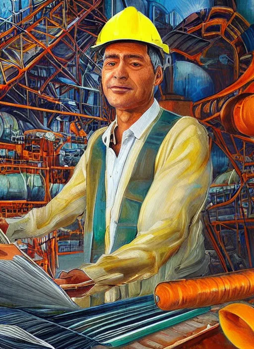 Image similar to a beautiful painting of an engineer working for an aluminium smelter, realistic face, ayahuasca