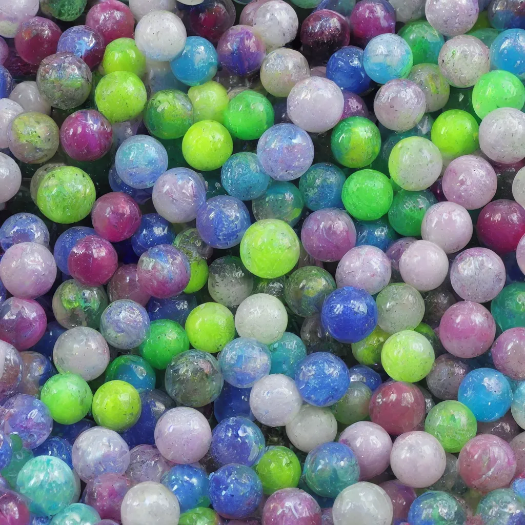 Prompt: 20 marbles big and small covered in thick transparent slime