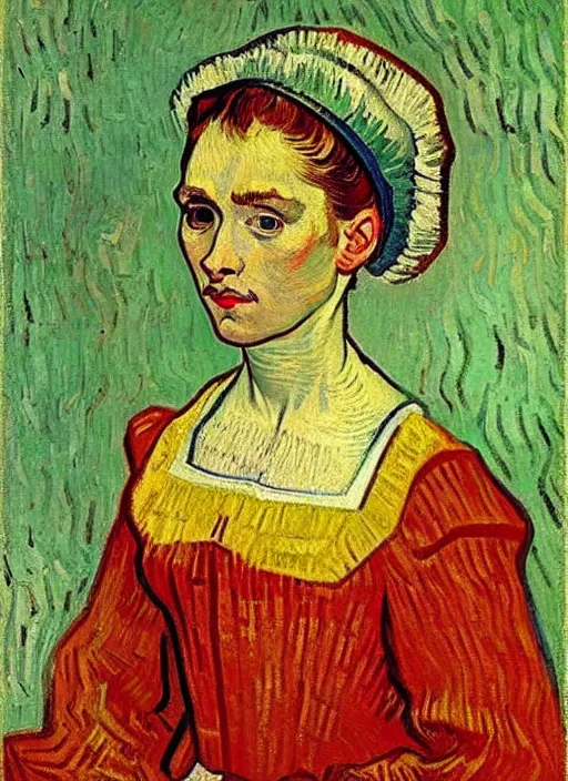 Image similar to portrait of young woman in renaissance dress and renaissance headdress, art by vincent van gogh