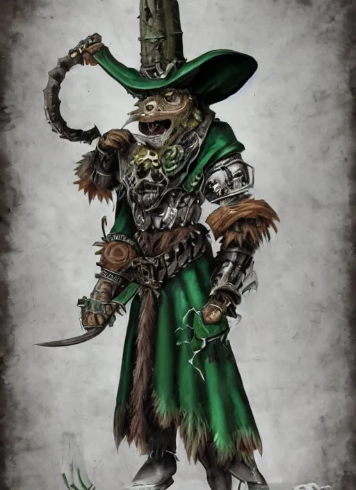 Prompt: a skaven from warhammer with a gray beard, wearing jewelry, tricorne hat, green robe, mean, dark tones, warlock, d & d, digital art, detailed face, highly detailed, trending on artstation, realistic