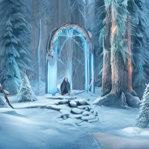 Image similar to a wizards portal above the trees of a cold winter forest, storybook illustration, octane render, detailed painting, by katherine federer, anthony pafford, harry gamboa and tracy flickinger