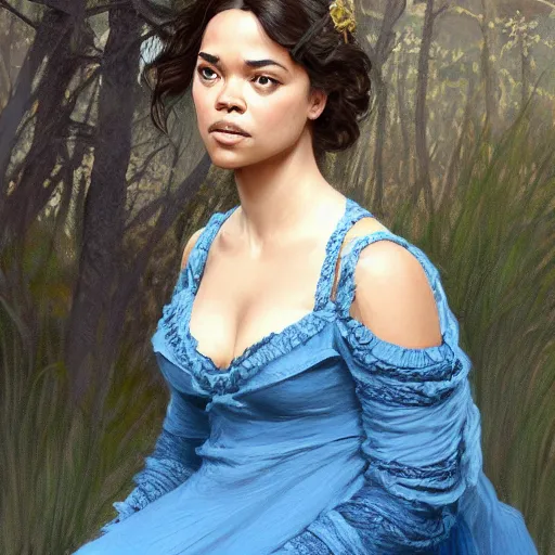 Image similar to full figure ultra realistic illustration, tessa thompson wearing a maiden blue dress, brown flowy hair, old west, intricate, elegant, highly detailed, digital painting, artstation, concept art, smooth, sharp focus, illustration, art by artgerm and greg rutkowski and alphonse mucha