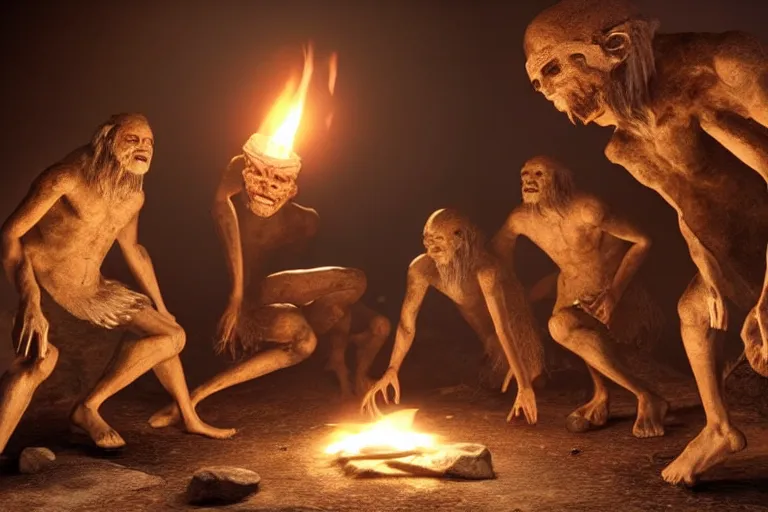 Prompt: still photo of ancient human ancestors discovering fire, highly detailed, photorealistic shot, bright studio setting, studio lighting, crisp quality and light reflections, unreal engine 5 quality render