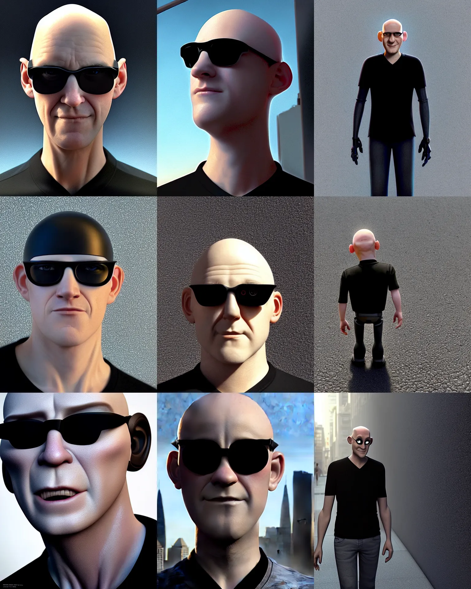Prompt: pixar sci - fi movie still close - up portrait photo of bald white young cyborg man wearing a black v - neck shirt, black ray - bans, black fedora, large nose : : sidewalk in sf, facing the camera : : by greg rutkowski, wlop, rossdraws, artgerm, weta, marvel, unreal engine, bright morning, : :