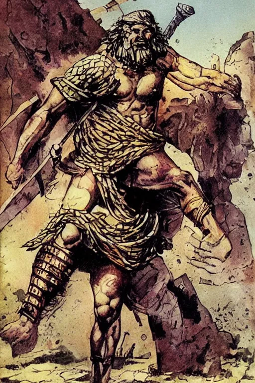 Image similar to ancient historically accurate depiction of the Bible Character Goliath of Gath, the Philistine warrior giant by frank miller