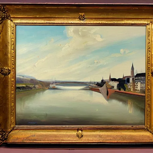 Image similar to very abstract painting of the rhine in basel, very rough brush strokes and splatters, oil on canvas, muted colors, great composition, by christ