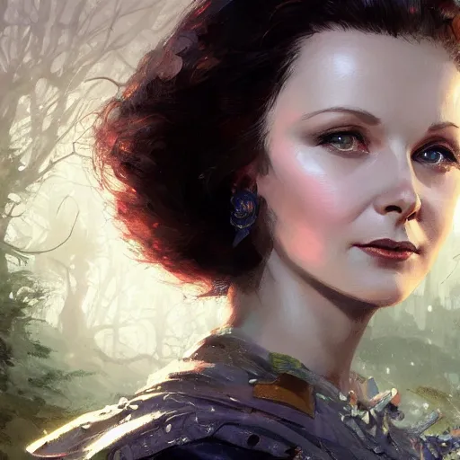 Prompt: closeup portrait of a young vivian leigh as a wizard casting magic, forest background, megacity, high fantasy, dramatic light, gorgeous view, depth, high detail, digital art, painted by greg rutkowski, trending on artstation