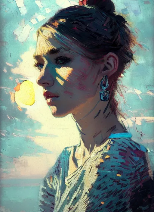 Image similar to portrait of a beautiful girl, new york backdrop, sad, sunset shades, beautiful face, rule of thirds, intricate outfit, spotlight, by greg rutkowski, by jeremy mann, by francoise nielly, by van gogh, digital painting