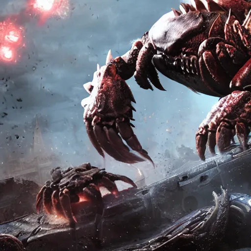 Prompt: evil large crab monster in gears of war, splash art, movie still, detailed face, photorealistic facial features, cinematic lighting, dramatic, octane render, long lens, shallow depth of field, bokeh, anamorphic lens flare, 8 k, hyper detailed, 3 5 mm film grain