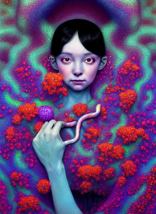 Image similar to hyper detailed 3d render like a Oil painting - kawaii portrait Aurora (ancient black haired Fae acrobat) seen Eating of the Strangling network of yellowcake aerochrome and milky Fruit and Her delicate Hands hold of gossamer polyp blossoms bring iridescent fungal flowers whose spores black the foolish stars by Jacek Yerka, Mariusz Lewandowski, Houdini algorithmic generative render, Abstract brush strokes, Masterpiece, Edward Hopper and James Gilleard, Zdzislaw Beksinski, Mark Ryden, Wolfgang Lettl, hints of Yayoi Kasuma, octane render, 8k