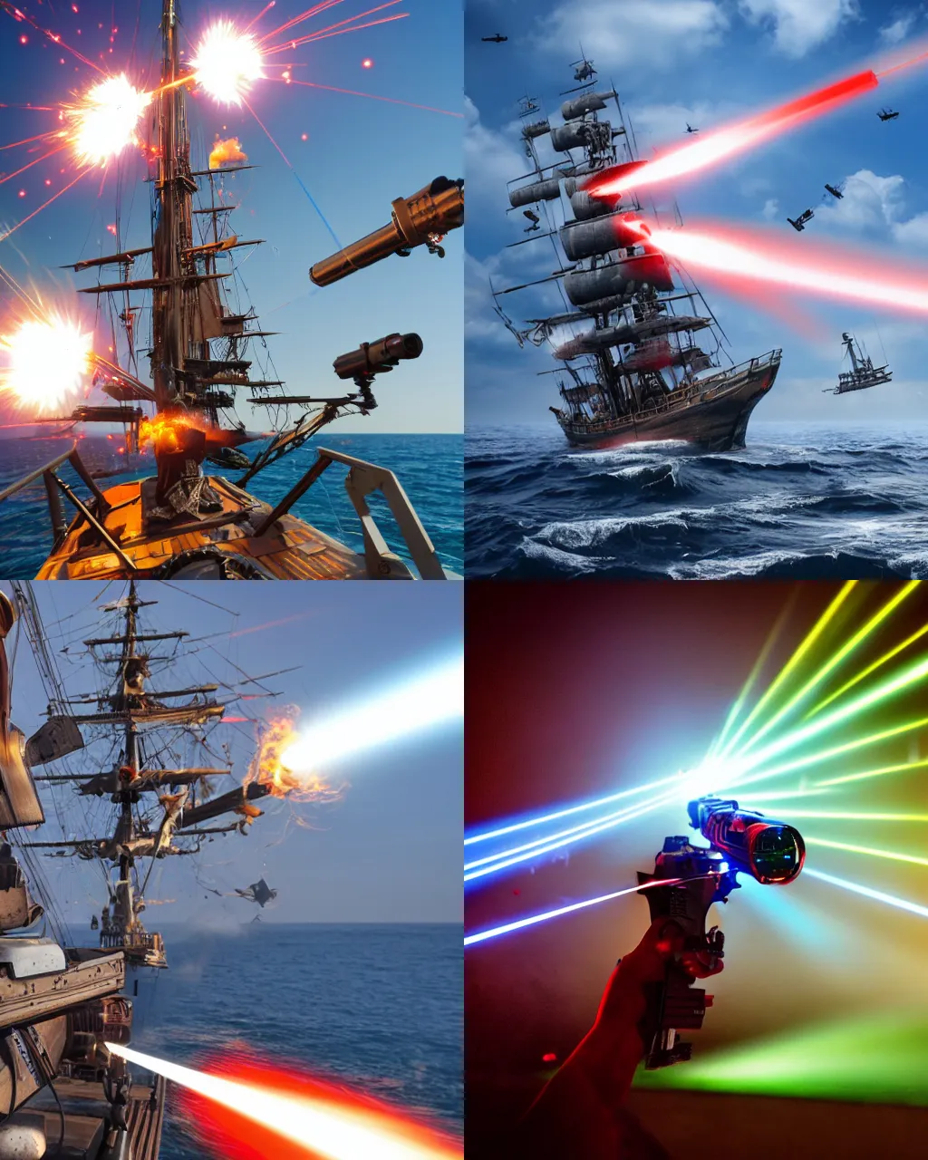 Prompt: action photography of a high technology laser gun mounted on a pirate ship firing a laser beam at an enemy ship, fast shutter speed, high speed, action photo, 1/1000 sec shutter