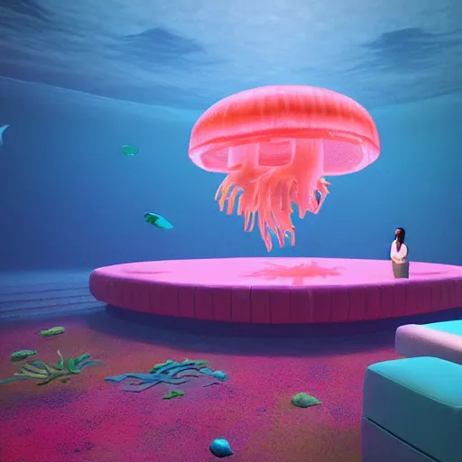 Image similar to the realistic photo of the modern room as aquarium with a big jellyfish and corals, realistic colors, realistic shadows, daylight made in blender, hd, 3 d by beeple and damian hirst