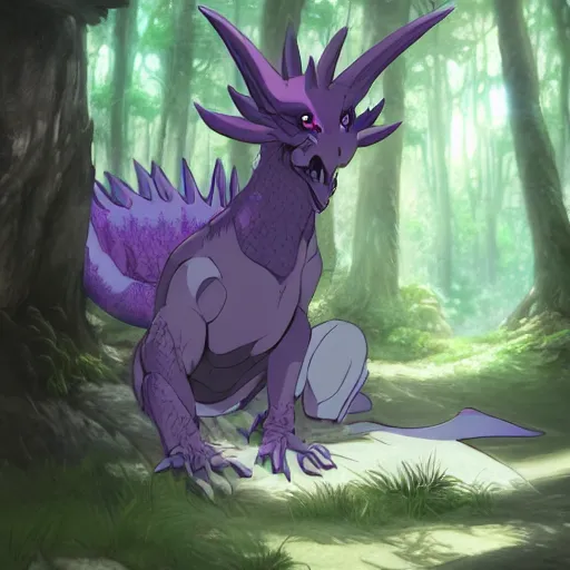 Image similar to concept art painting of an anthropomorphic purple gray anime dragon, in the deep forest, realistic, detailed, cel shaded, in the style of makoto shinkai and greg rutkowski and james gurney