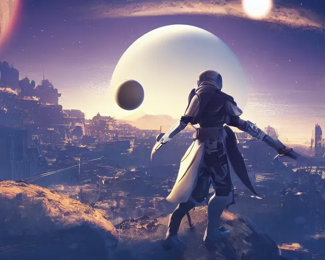 Image similar to the traveler in destiny 2 but it's a ping pong ball floating in the sky over a large city digital art 3 d 4 k wallpaper cover art destiny 2 fanart cinematic