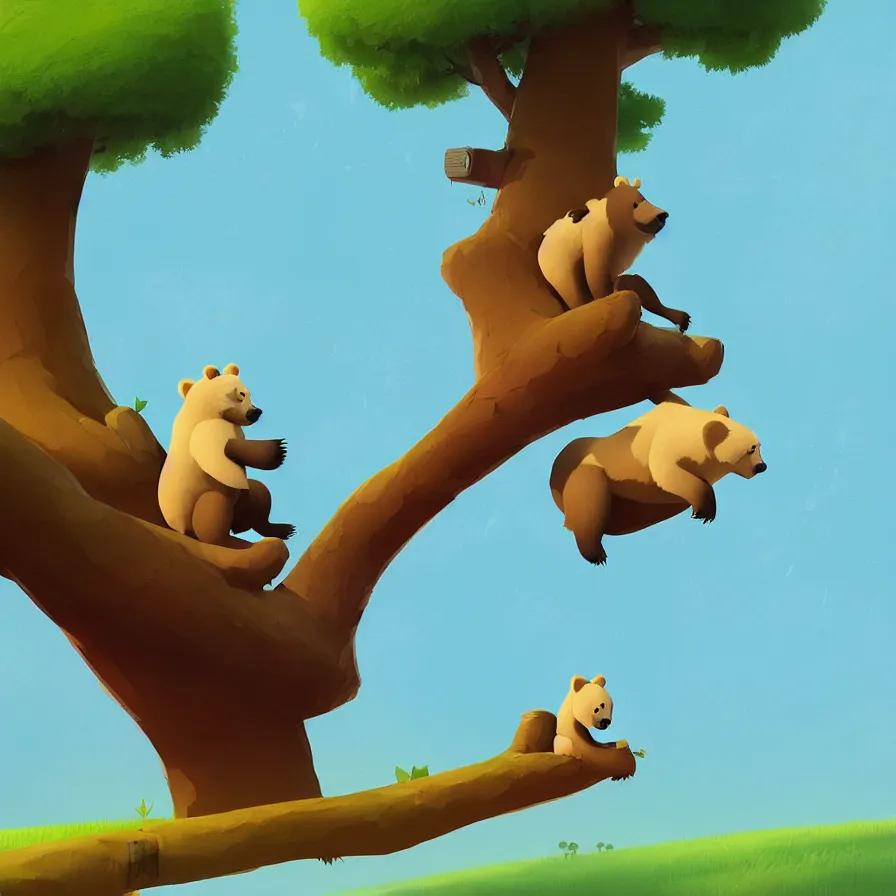 Prompt: Bear on a tree crossing the river, art by Goro Fujita, ilustration, concept art, sharp focus, ArtStation, Deviantart