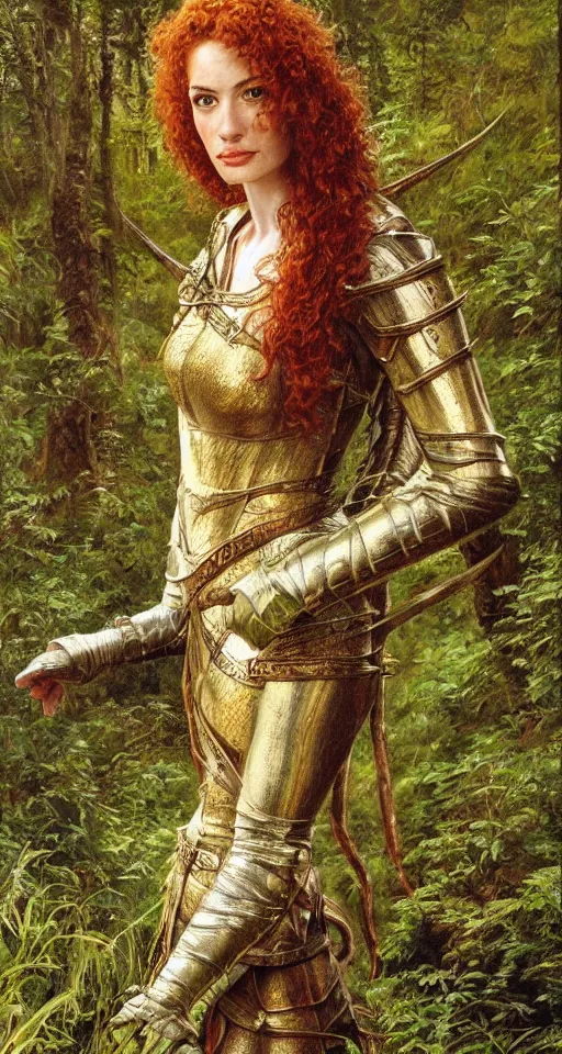 Prompt: Detailed painting of a curly redhead anne hathaway wearing elven armor in a forest landscape by Ted Nasmith