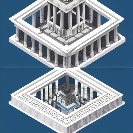 Prompt: Isometric Greek Temple the graphic style of Matt Sanz, hyper detailed, trending on artstation, glow