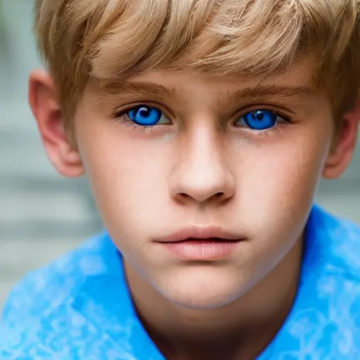 Image similar to a closeup portrait of a boy with blonde hair and light blue eyes. Extremely clear and high quality eyes with reflection, realistic face and details, clear lips and high quality