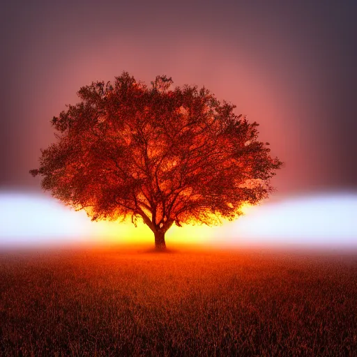 Image similar to a flaming oak tree in an open field with fog, horror, ultrarealism, 8k