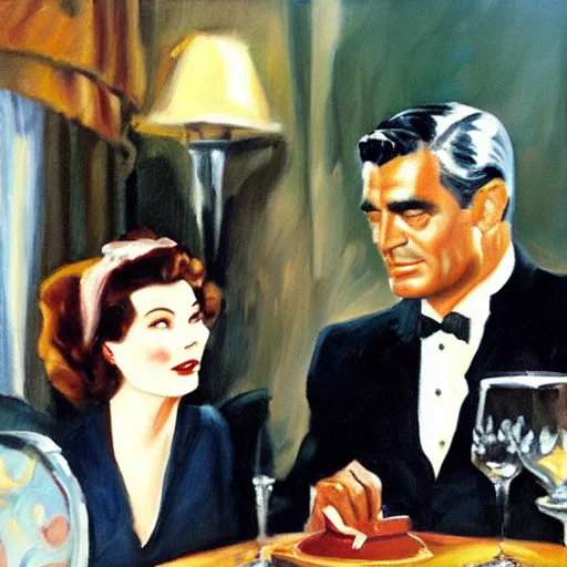 Image similar to an oil painting from a scene containing cary grant and kate hepburn in ‘ the philadelphia story. ’