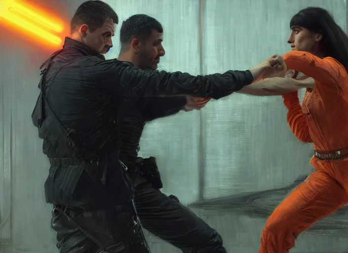 Image similar to Maria defeats sgt Nash. Cyberpunk hacker in orange jumpsuit fighting menacing police troopers (blade runner 2049). beautiful face. Orientalist portrait by john william waterhouse and James Gurney and Theodore Ralli and Nasreddine Dinet, oil on canvas. Cinematic, hyper realism, realistic proportions, dramatic lighting, high detail 4k