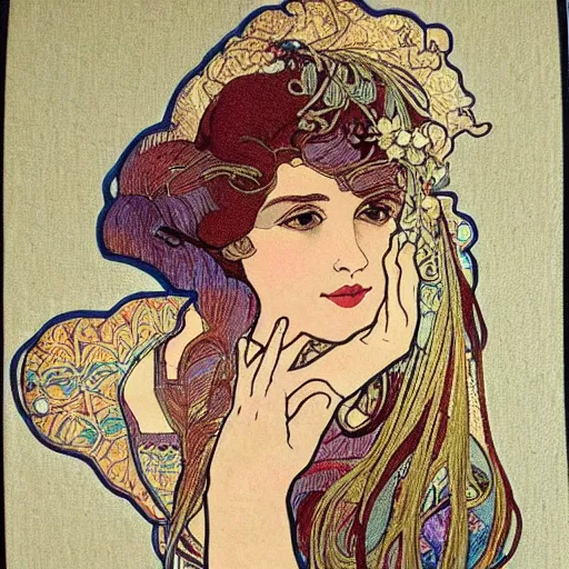 Prompt: a beautiful handmade embroidery of a woman in the style of alphonse mucha. hand embroidery.