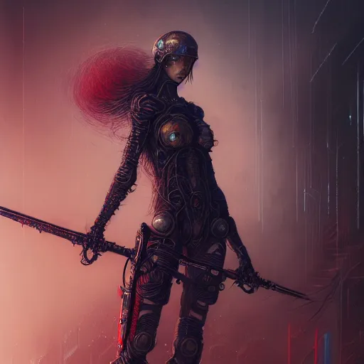 Image similar to a highly detailed long shot photo of cyberpunk female character by ayami kojima, elf, beksinski, giger, elf, wielding scythe, intricate, digital painting, artstation, concept art, smooth, sharp focus