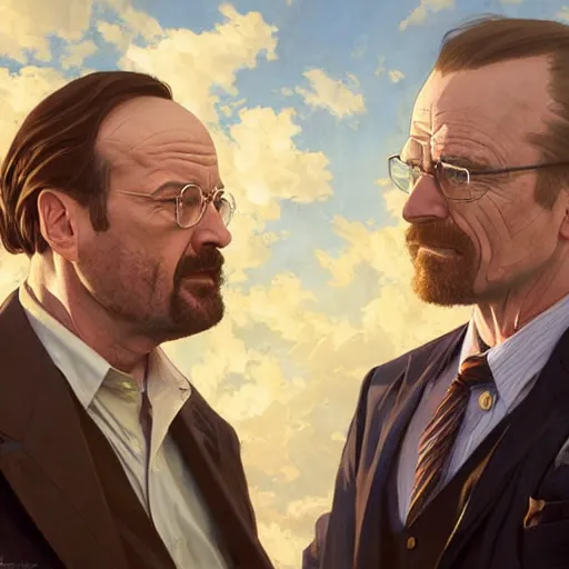Image similar to saul goodman and walter white, fantasy character portrait, dynamic pose, above view, sunny day, very coherent asymmetrical artwork, sharp edges, perfect face, simple form, 1 0 0 mm by stanley artgerm lau, greg rutkowski, thomas kindkade, alphonse mucha, loish