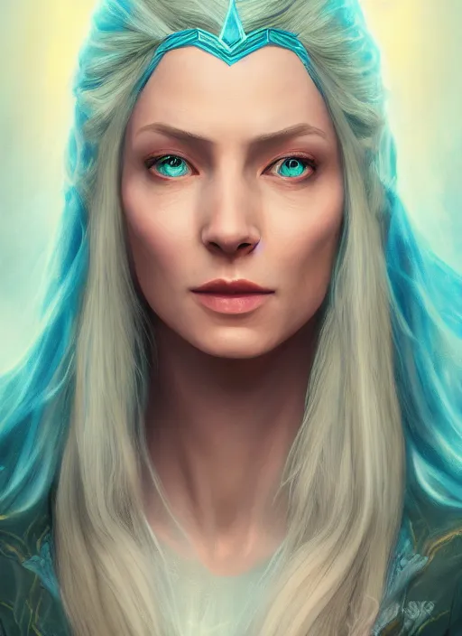 Image similar to an epic fantastic realism comic book style portrait painting of galadriel, teal energy, female, golden hair, d & d concept art, unreal 5, daz, hyperrealistic, octane render, cosplay, rpg portrait, dynamic lighting