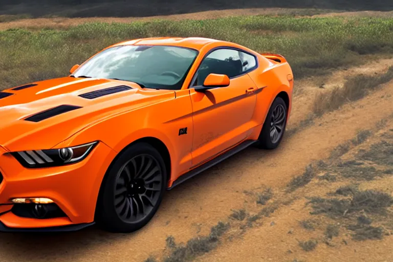 Image similar to a photo hyperrealistic flying bright orange Ford Mustang spaceship