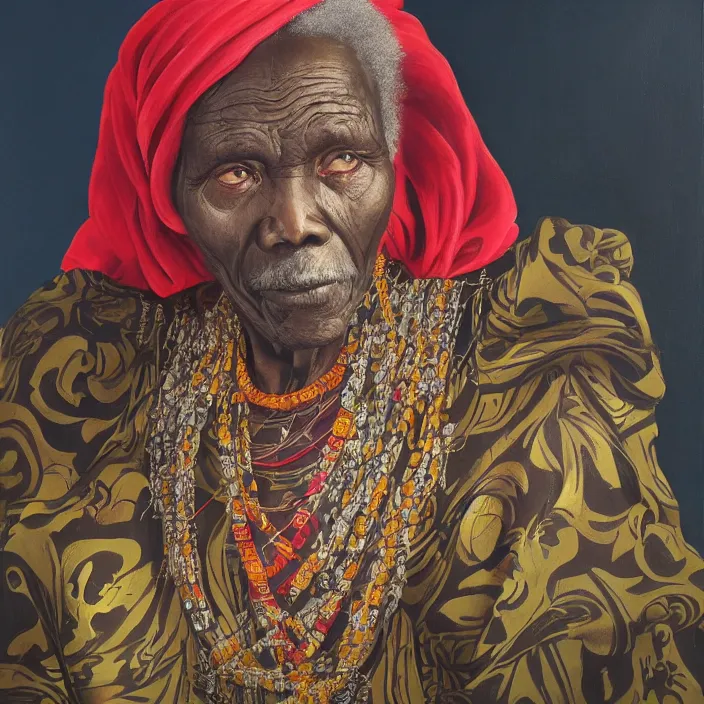 Image similar to a painting of a wise elder from Kenya by Kehinde Wiley . dramatic angle, ethereal lights, details, smooth, sharp focus, illustration, realistic, cinematic, artstation, award winning, rgb , unreal engine, octane render, cinematic light, macro, depth of field, blur, red light and clouds from the back, highly detailed epic cinematic concept art CG render made in Maya, Blender and Photoshop, octane render, excellent composition, dynamic dramatic cinematic lighting, aesthetic, very inspirational, arthouse.