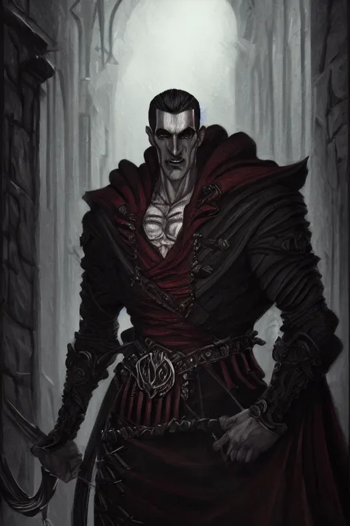 Prompt: portrait of a muscular strahd the vampire in a dark alleyway, fantasy, intricate, elegant, highly detailed, digital painting, artstation, concept art, matte, sharp focus, illustration, art by aenaluck, epic fantasy, moody, dark mood, digital painting
