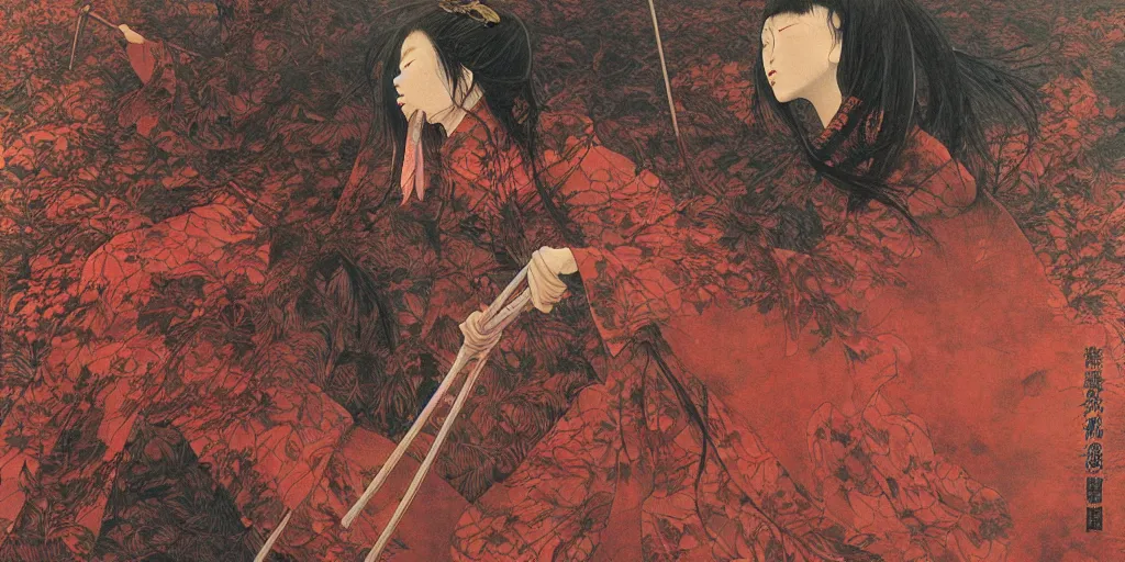 Image similar to Japanese schoolgirl runs away from Samurai with a katana on the subway, high detailed Beksinski painting, part by Adrian Ghenie and Gerhard Richter. art by Takato Yamamoto. deep colours