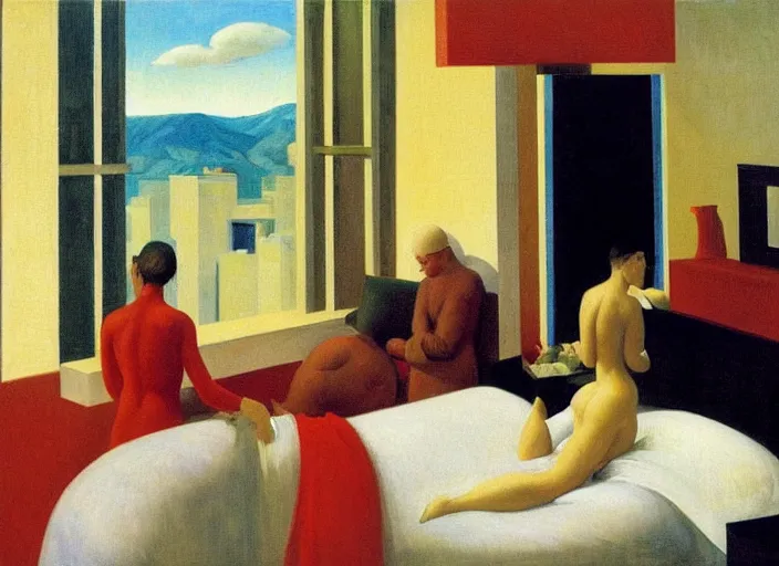Image similar to three people interacting in a hotel room in afternoon light, clouds, bird, open ceiling, strange foreign objects, oil painting by edward hopper, chirico and rene magritte