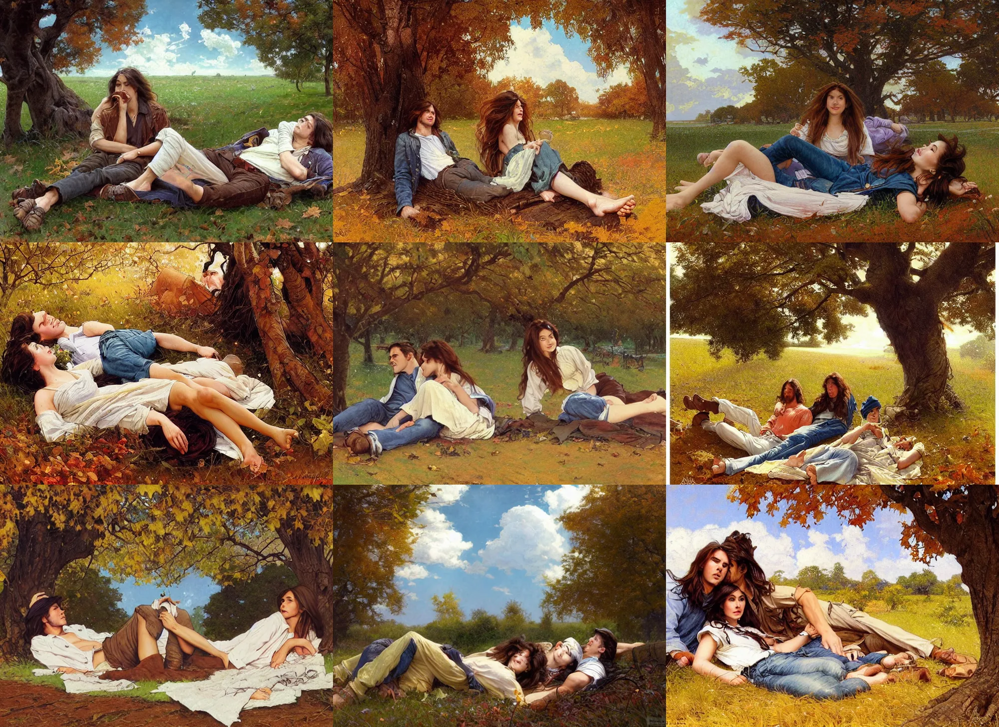 Prompt: clothed young man and woman with long brown hair, laying under a tree looking at clouds autumn, ( ( ( wearing jeans ) ) ), by stanley artgerm lau, greg rutkowski, thomas kindkade, alphonse mucha, loish, norman rockwell