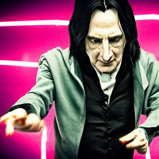 Prompt: Severus Snape dances in a bar, neon, realistic, full body, very detailed, super realistic dramatic view