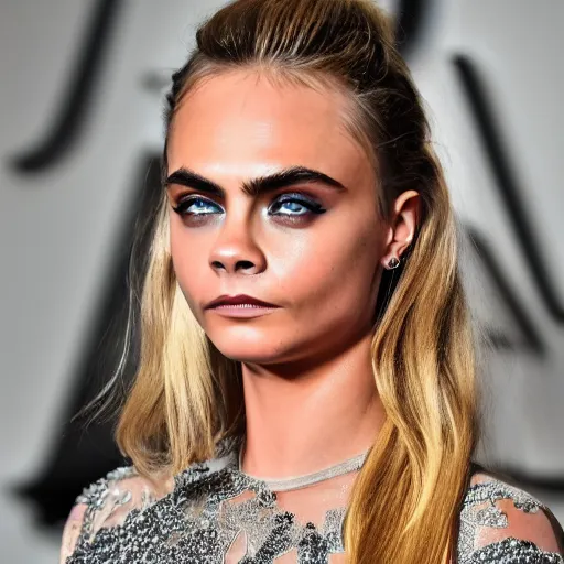 Image similar to Super model Cara delevingne wearing a gown made of flowing plasma ultra high quality extremely intricacies in the level of detail photorealism 8k very beautifully designed