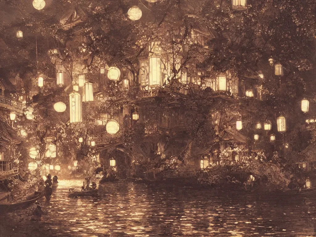 Image similar to antique photo view from the river of a beautiful painting of the lantern festival in a an ancient japanese town, at night with a sky full of stars, intricate, elegant, highly detailed, digital painting, artstation, concept art, by krenz cushart and artem demura and alphonse mucha