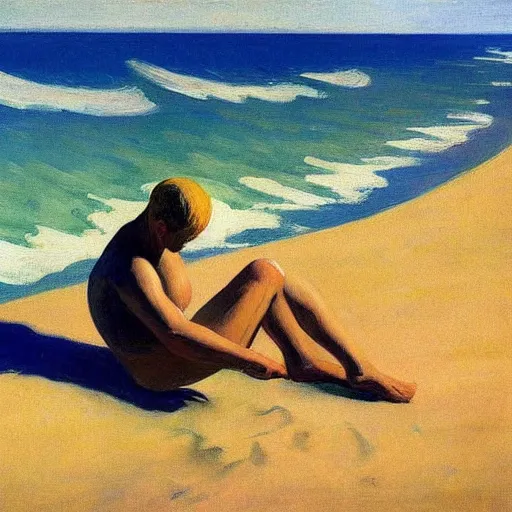 Image similar to a detailed painting, blonde man at a beach, edward hopper,