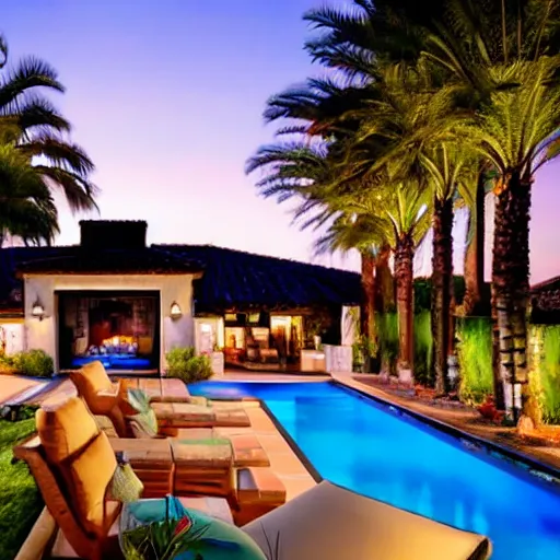Image similar to Backyard with a pool, palm trees and patio with a fireplace in the middle of the sofas, big beautiful street lamps