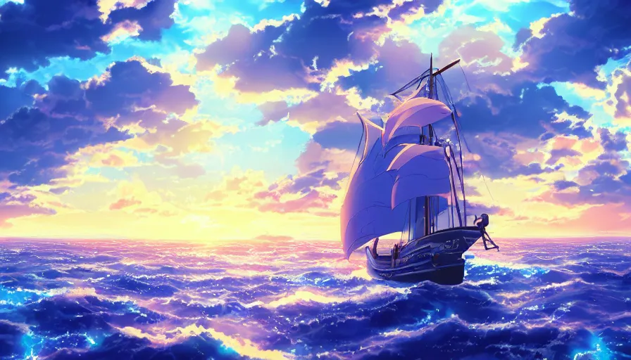 Image similar to one piece ship sailing, stormy sky, sun sunset, with blue light piercing through clouds, makoto shinkai, royal blue colors, lighting refraction, volumetric lighting, pixiv art, highly detailed, anime art, symmetrical, wlop, anime art