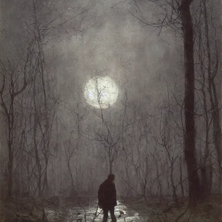 Image similar to artwork about a sad sphere - headed character, by viktor vasnetsov. atmospheric ambiance. depth of field and tridimensional perspective. foggy.