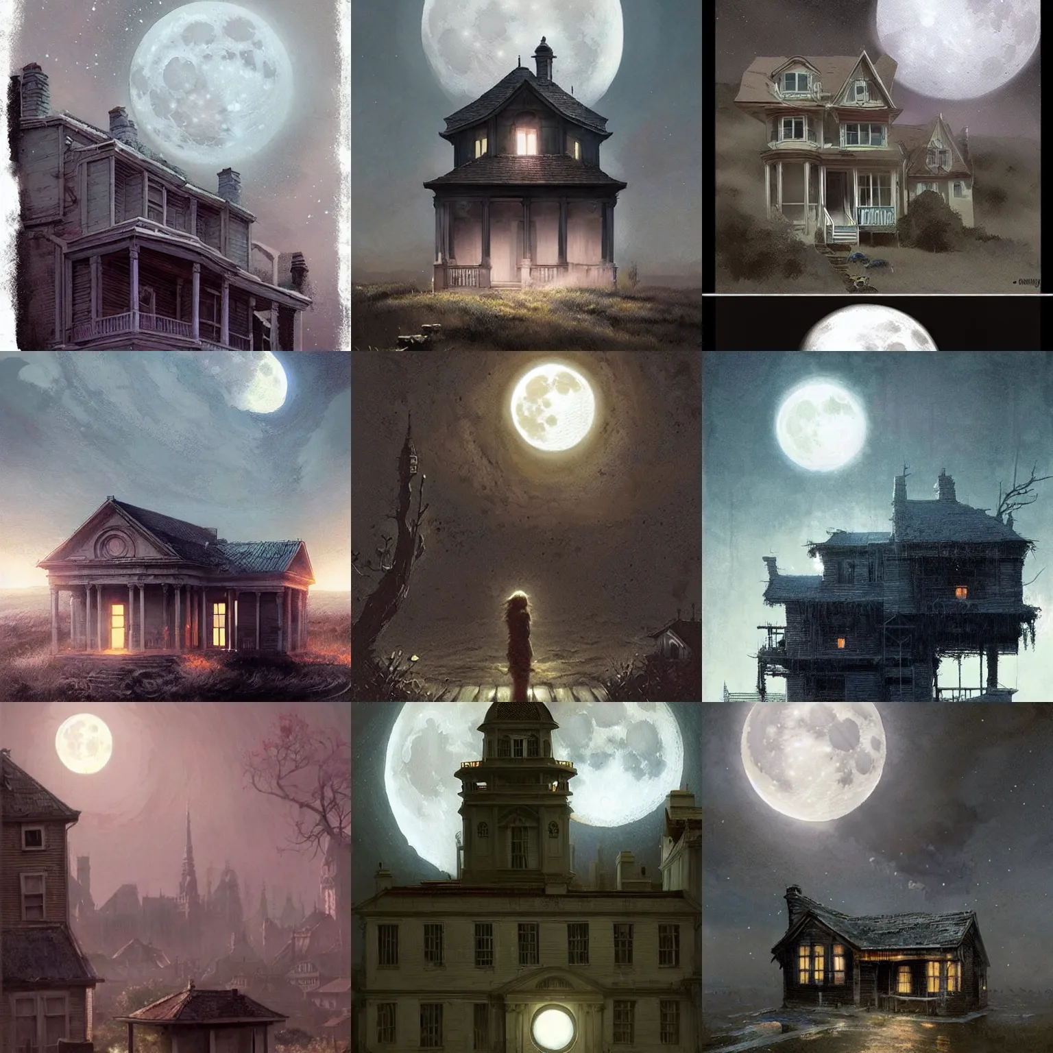 Prompt: moon!!!!!!!!!!!!!!!!!!!!!!!! and house by Greg Rutkowski and James Gurney