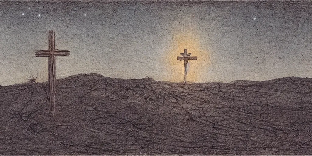 Image similar to A burning cross in the middle of the desert drawn by Caspar David Friedrich, dune, highly detailed, night, stars