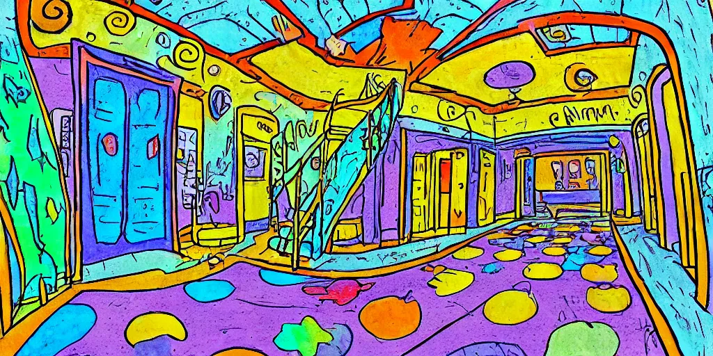 Image similar to a colorful dimly lit, theater access corridor, 3 doors, 1 staircase, day of the tentacle style, fish eye, drawn by Scott C